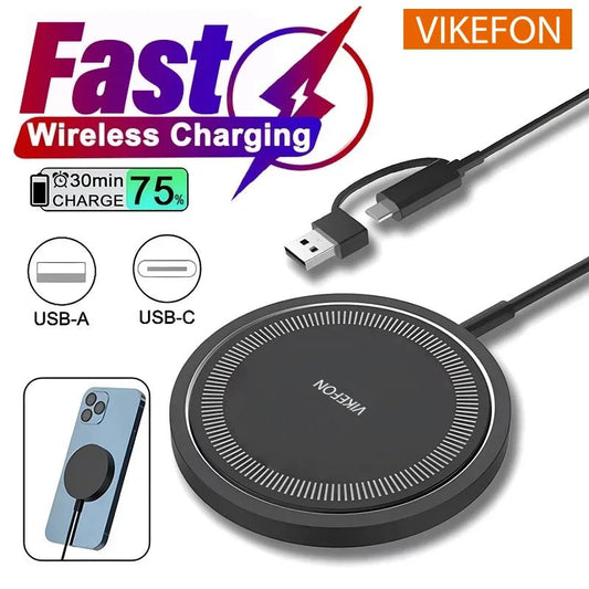 VIKEFON Magnetic Wireless Charger Pad USB Type C For iPhone 15 14 13 12 Pro Max Fast Charging Dock - 